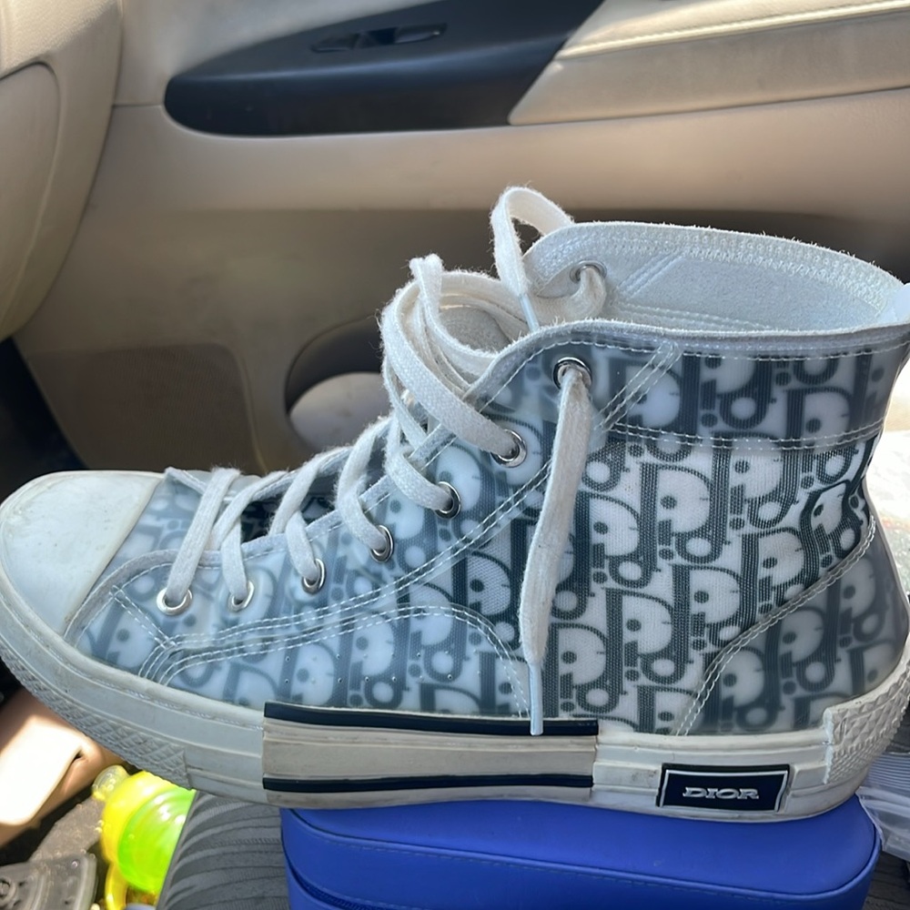 Dior White and Blue High-Top Sneakers with Monogram Pattern